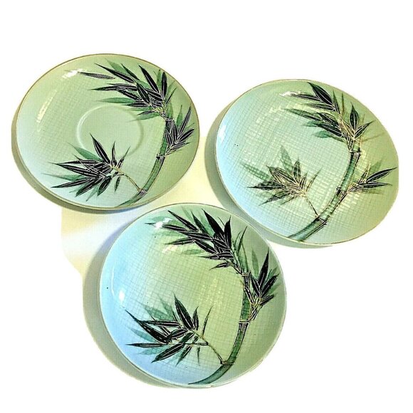 Celadon China Bamboo Pattern Bowl Butter Dish Saucer Hand Paint Green Gold Japan - Picture 1 of 6